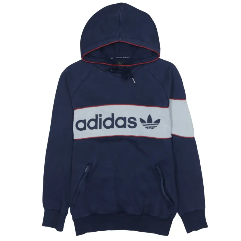 Adidas Navy Blue Hoodie Men's Small Big Trefoil Logo Front Zip Pockets Pullover Sweatshirt sold by Vintage Club