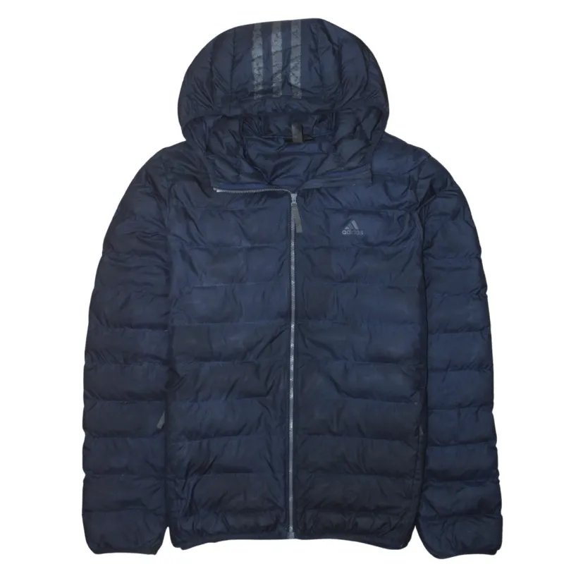 Adidas Navy Blue Puffer Jacket Men's Medium Hooded Full Zip Embroidered Logo Coat made by Adidas