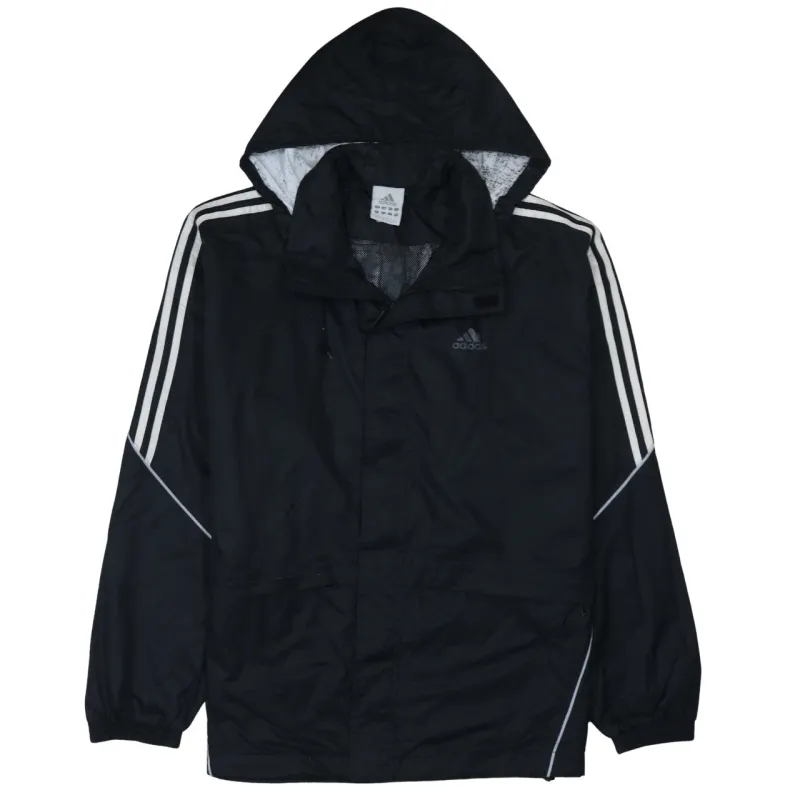 Adidas Black Hooded Windbreaker Men's Medium Three Stripe Sleeves Printed Logo Jacket sold by Vintage Club