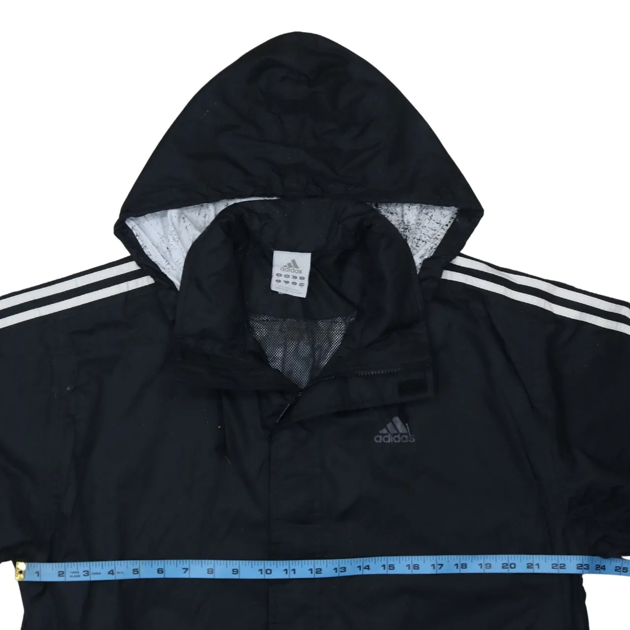 Adidas Black Hooded Windbreaker Men's Medium Three Stripe Sleeves Printed Logo Jacket sold by Vintage Club product image thumbnail 5