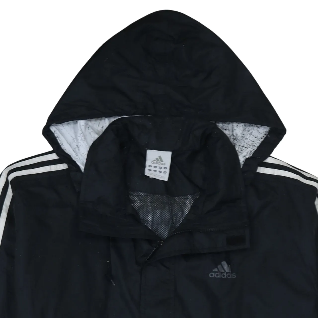 Adidas Black Hooded Windbreaker Men's Medium Three Stripe Sleeves Printed Logo Jacket sold by Vintage Club product image thumbnail 3