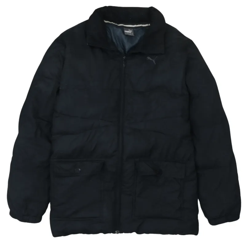 Puma Black Puffer Jacket Men's Small Embroidered Chest Logo Zip Front Flap Pockets Outerwear sold by Vintage Club