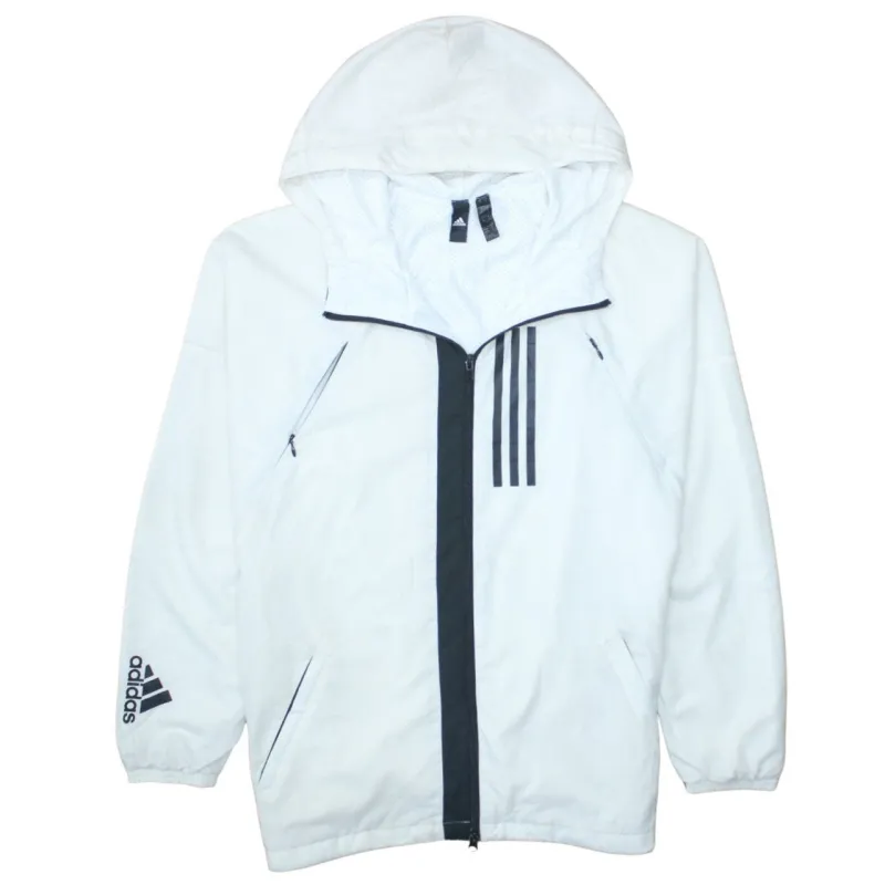 Adidas White Hooded Windbreaker Jacket Men's Medium Zip Pockets Three Stripe Logo Outerwear sold by Vintage Club