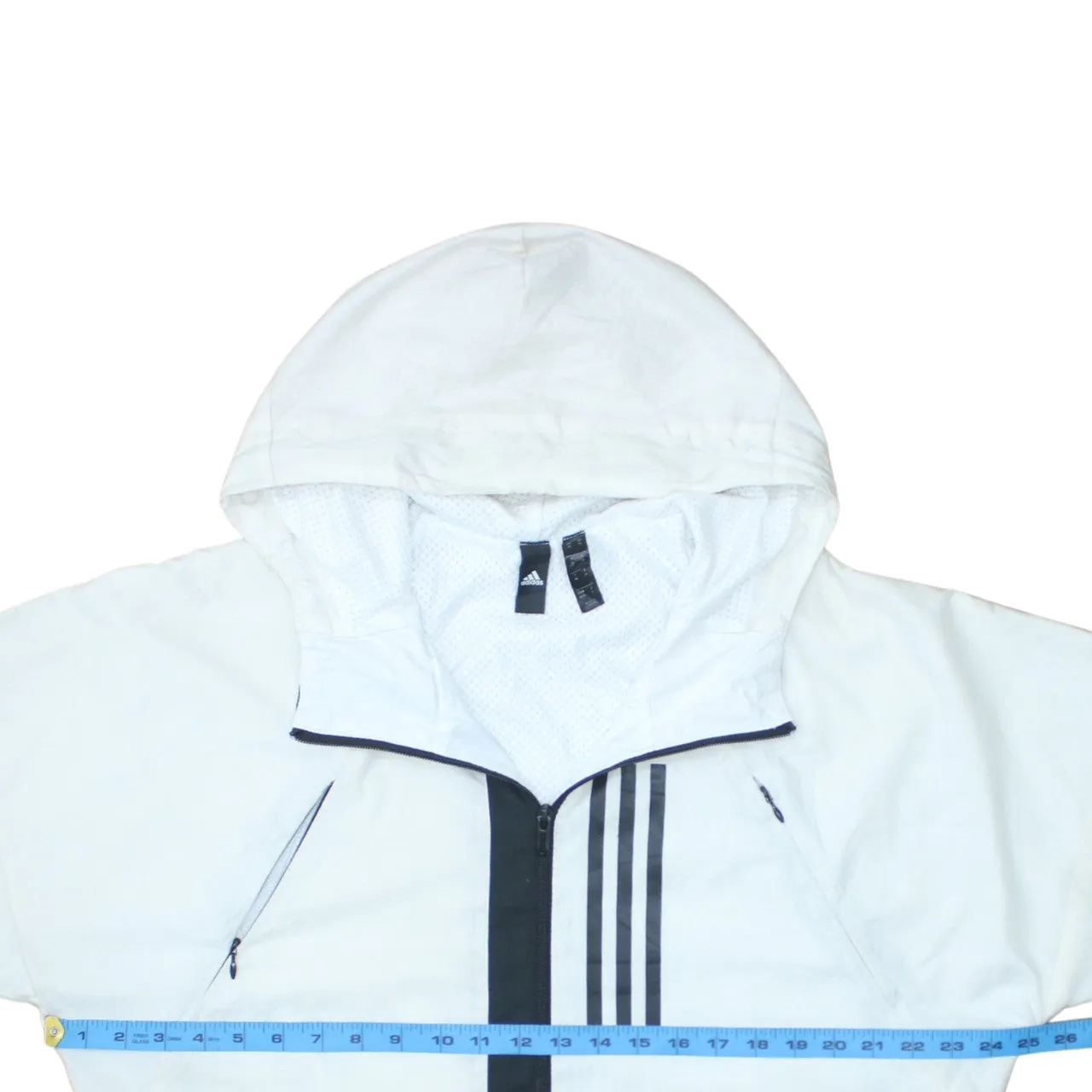 Adidas White Hooded Windbreaker Jacket Men's Medium Zip Pockets Three Stripe Logo Outerwear sold by Vintage Club product image thumbnail 5