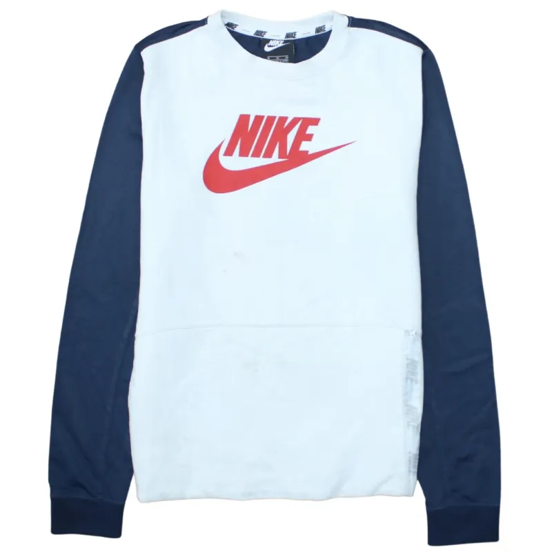 Nike White Navy Sweatshirt Women's XLarge Printed Chest Logo Colour Block Pullover Top made by Nike
