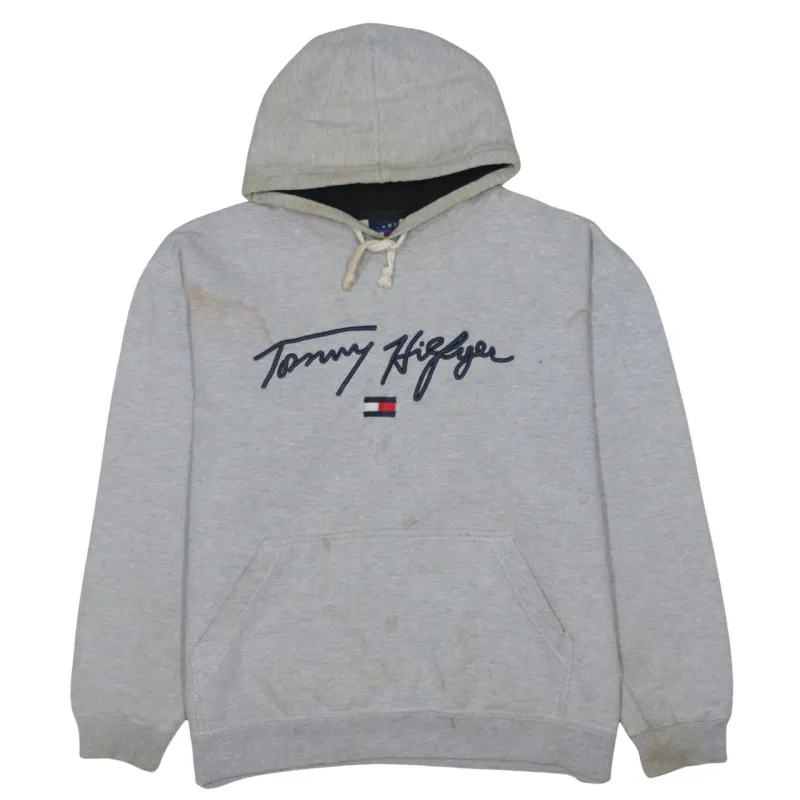 Tommy Hilfiger Grey Hoodie Men's Medium Embroidered Script Logo Front Pocket Pullover Sweatshirt sold by Vintage Club