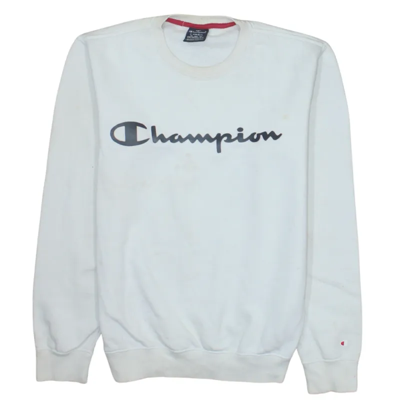 Champion White Sweatshirt Men’s XSmall Printed Script Logo Ribbed Cuffs Crewneck Pullover sold by Vintage Club
