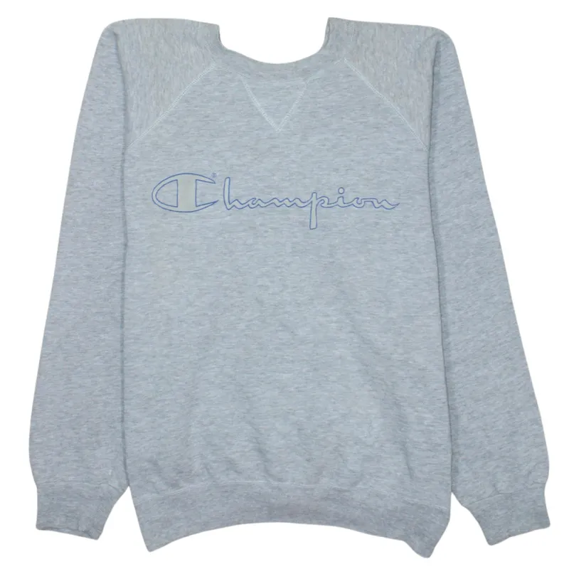 Champion Light Grey Sweatshirt Men's Medium Printed Script Logo Ribbed Cuffs Pullover Top sold by Vintage Club