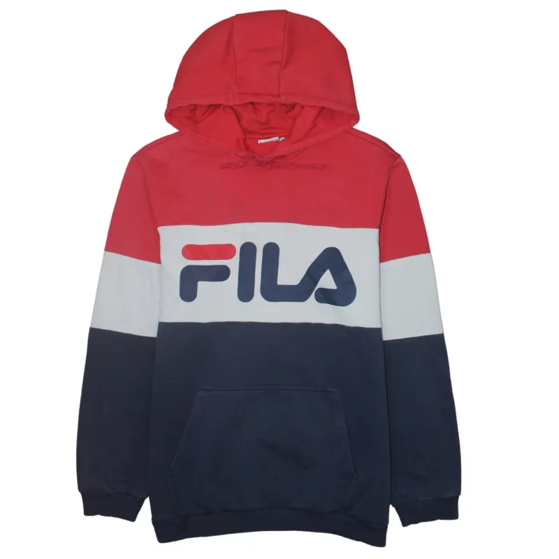 Fila Red Navy Colour Block Hoodie Women's Large Printed Logo Front Pouch Pullover Sweatshirt sold by Vintage Club