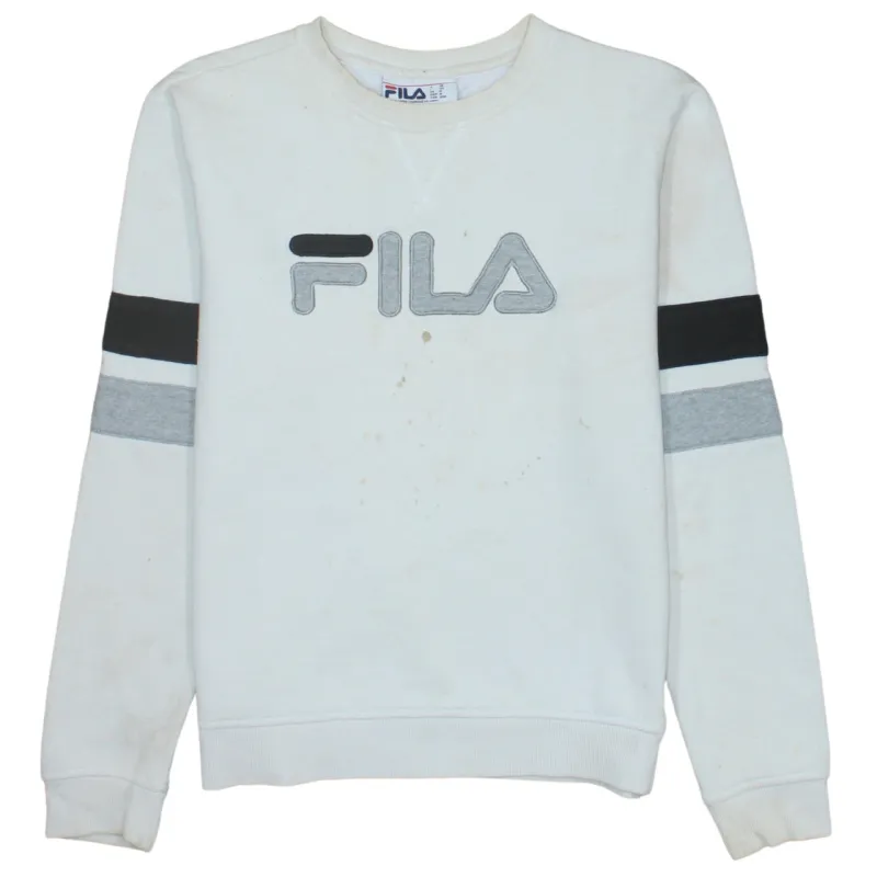Fila White Crewneck Sweatshirt Men’s Medium Embroidered Logo Stripe Sleeves Pullover Top made by Fila