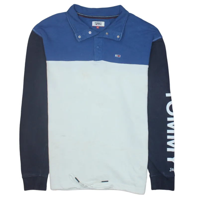 Tommy Jeans Blue White Rugby Polo Shirt Men's Large Logo Sleeve Spellout Long Sleeve Top made by Vintage Club