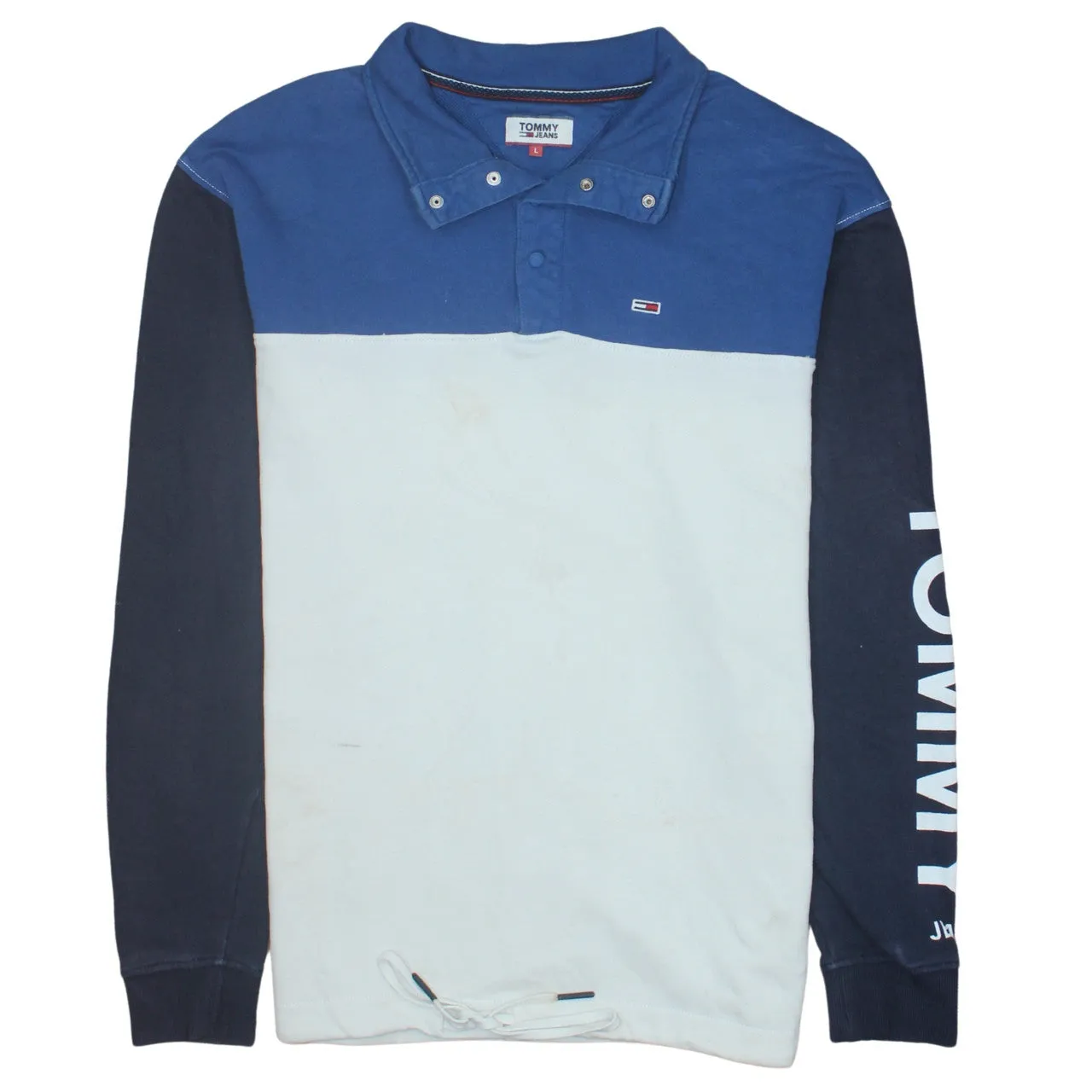 Tommy Jeans Blue White Rugby Polo Shirt Men's Large Logo Sleeve Spellout Long Sleeve Top sold by Vintage Club