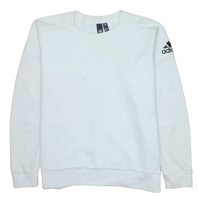 Adidas White Sweatshirt Women's Large Crewneck Printed Sleeve Logo Ribbed Pullover Top sold by Vintage Club