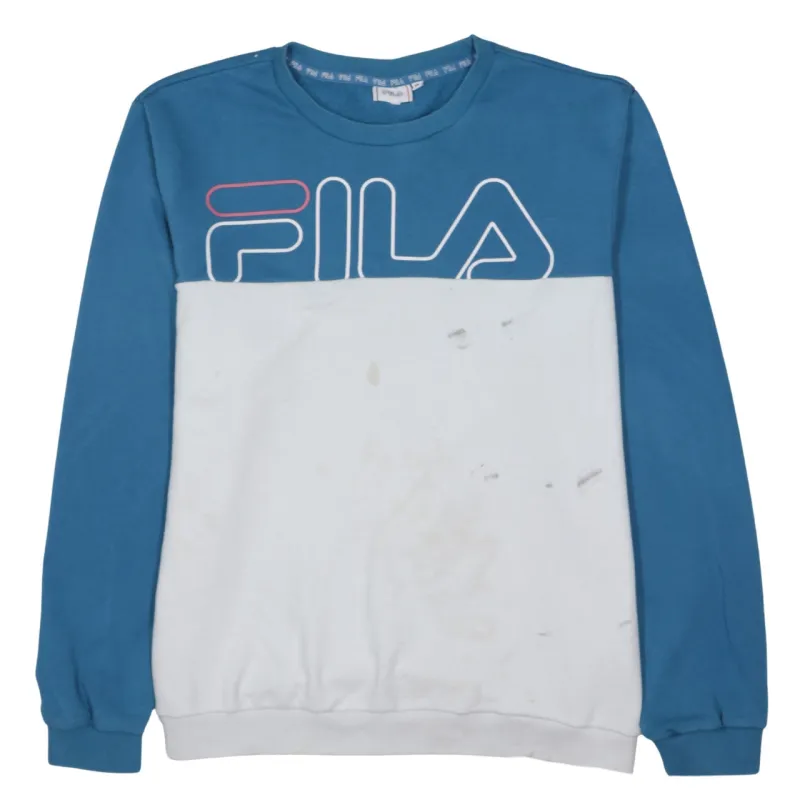 Fila Blue White Sweatshirt Men's XLarge Printed Logo Colour Block Crewneck Pullover Top made by Fila
