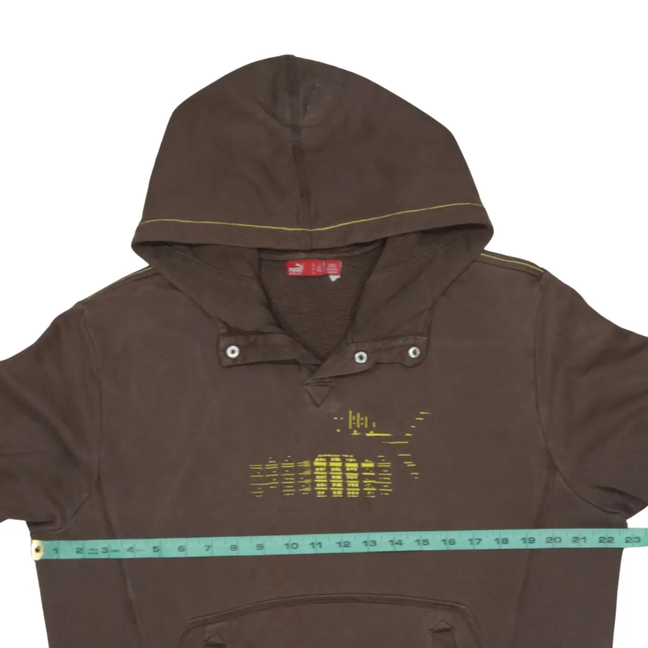Puma Brown Hoodie Women’s Large Printed Logo Yellow Stitch Detail Pullover Sweatshirt sold by Vintage Club product image thumbnail 5