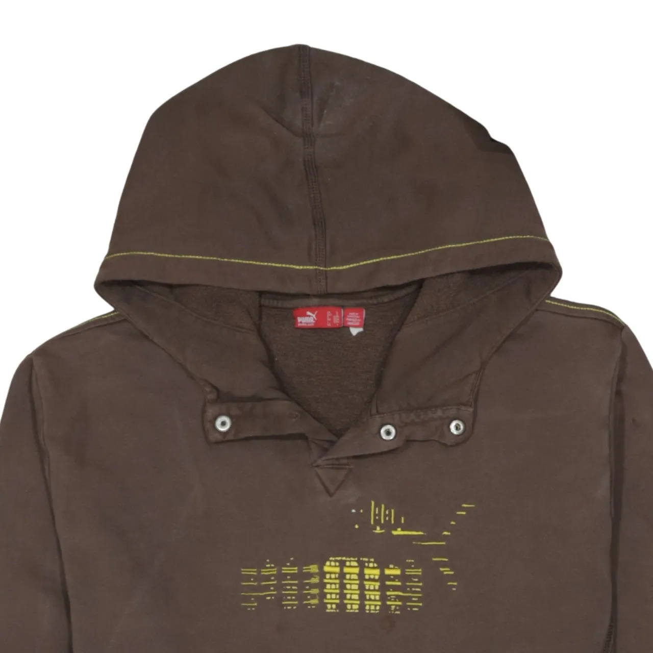 Puma Brown Hoodie Women’s Large Printed Logo Yellow Stitch Detail Pullover Sweatshirt sold by Vintage Club product image thumbnail 3