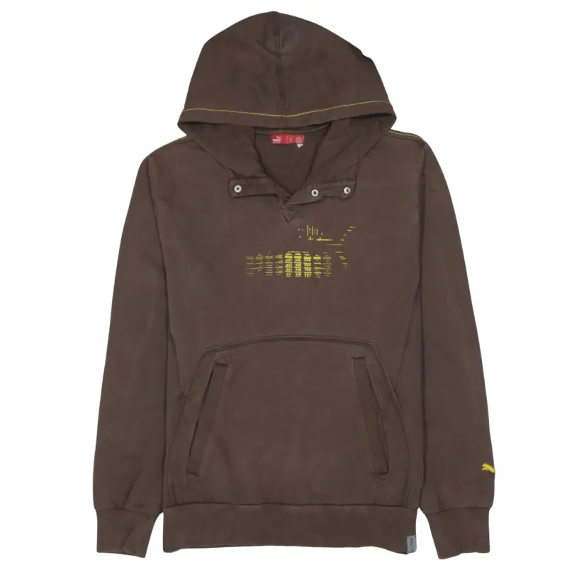 Puma Brown Hoodie Women’s Large Printed Logo Yellow Stitch Detail Pullover Sweatshirt made by Puma