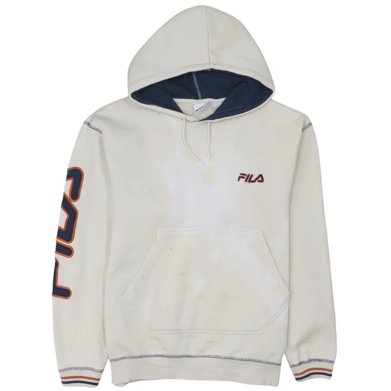 Fila Cream Hoodie Men's Small Embroidered Chest Logo Sleeve Spellout Kangaroo Pocket Sweatshirt sold by Vintage Club