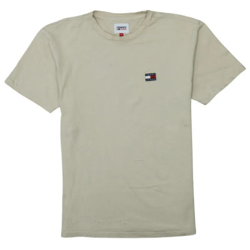 Tommy Jeans Beige Cream T Shirt Men's Small Embroidered Flag Logo Short Sleeve Top made by Vintage Club