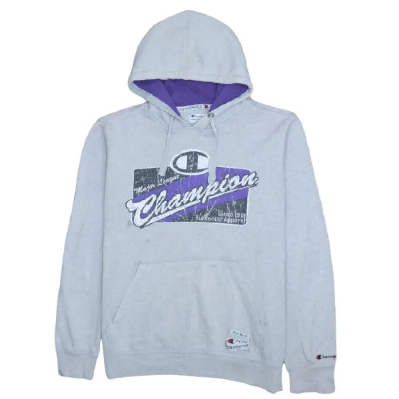 Champion Grey Hoodie Men’s XLarge Printed Logo Front Pocket Ribbed Cuffs Pullover Sweatshirt made by Champion