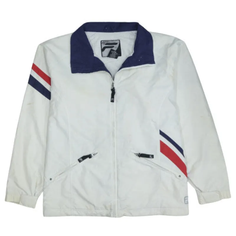 Fila White Windbreaker Jacket Women’s XLarge Zip Pockets Stripe Sleeves Logo Outerwear made by Fila