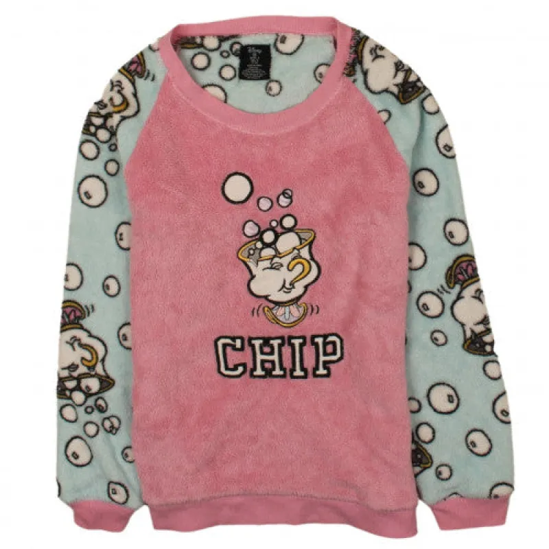 Disney Pink Fleece Jumper Women’s XSmall Chip Embroidered Front Bubbles Print Loungewear Top made by Vintage Club