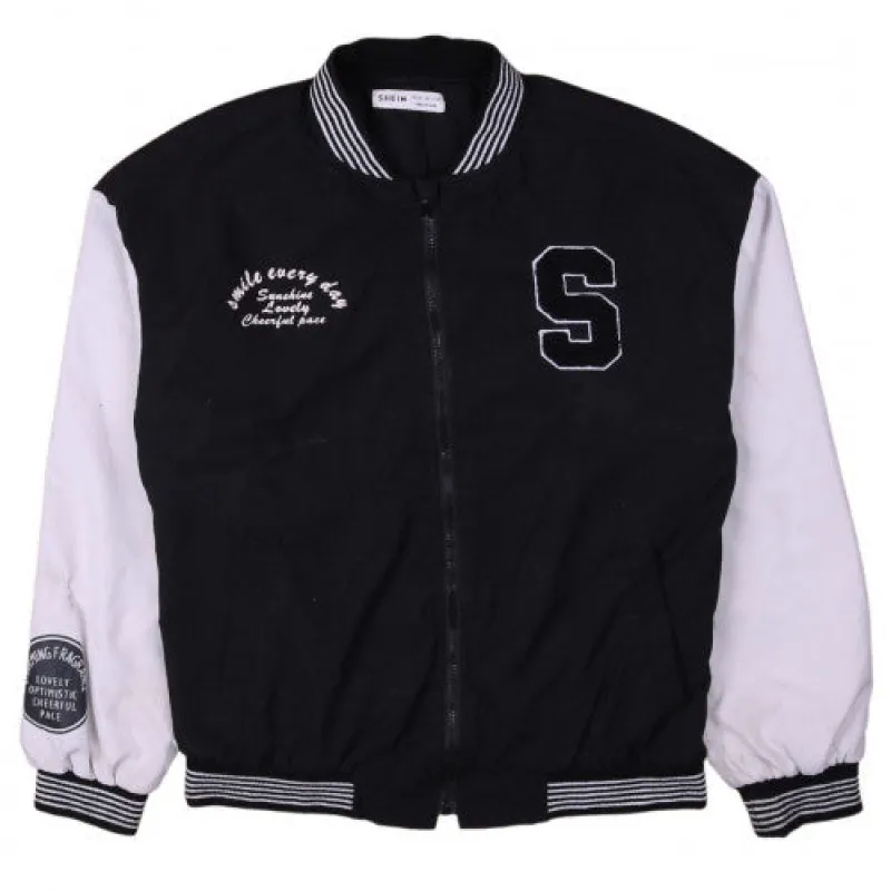 Shein Black White Varsity Jacket Women's Medium Embroidered S Logo Zip Bomber made by SHEIN