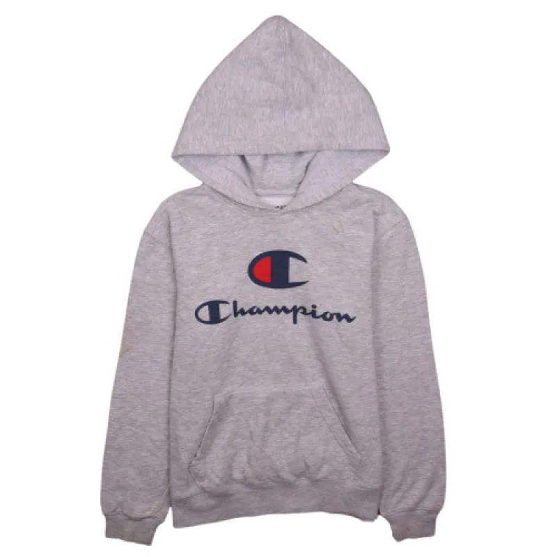 Champion Light Grey Hoodie Women's Medium Printed Logo Front Pocket Pullover Sweatshirt made by Champion