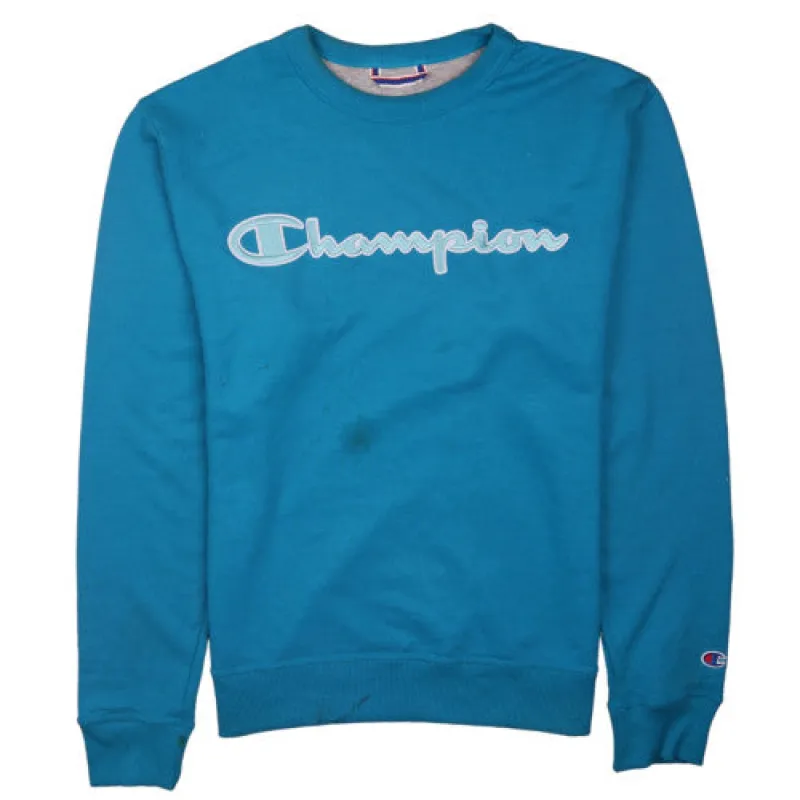 Champion 90's Turquoise Blue Crewneck Spellout Sweater Men's Small made by Champion