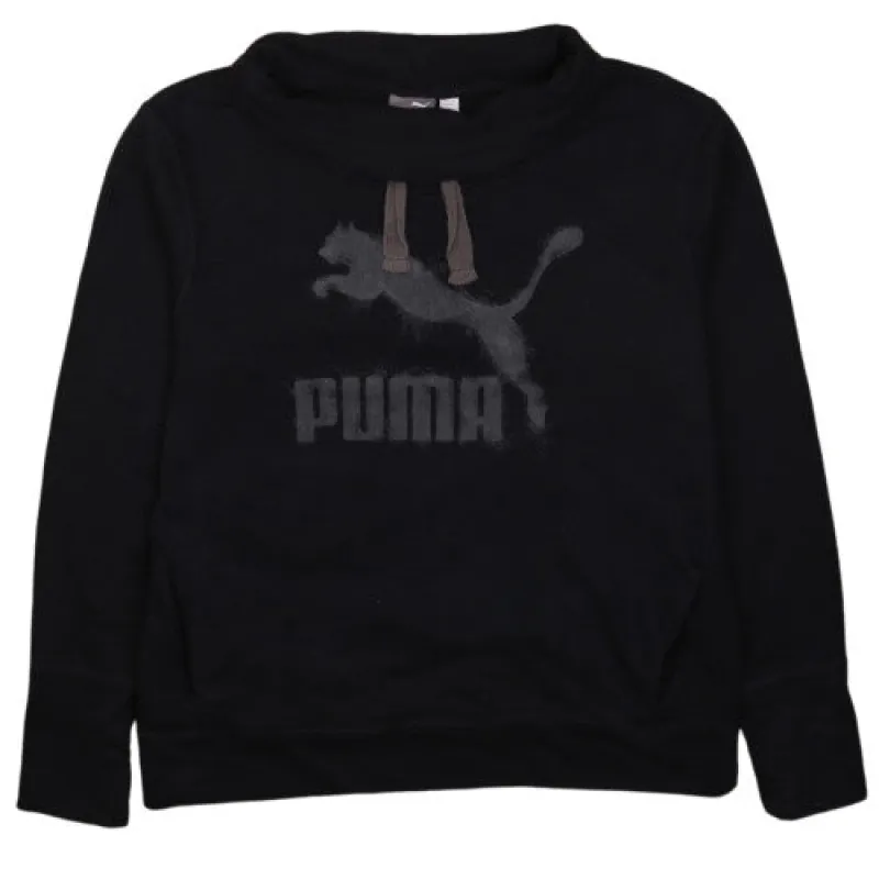 Puma Black Sweatshirt Women’s Large Printed Logo Funnel Neck Pullover Fleece Top made by Puma
