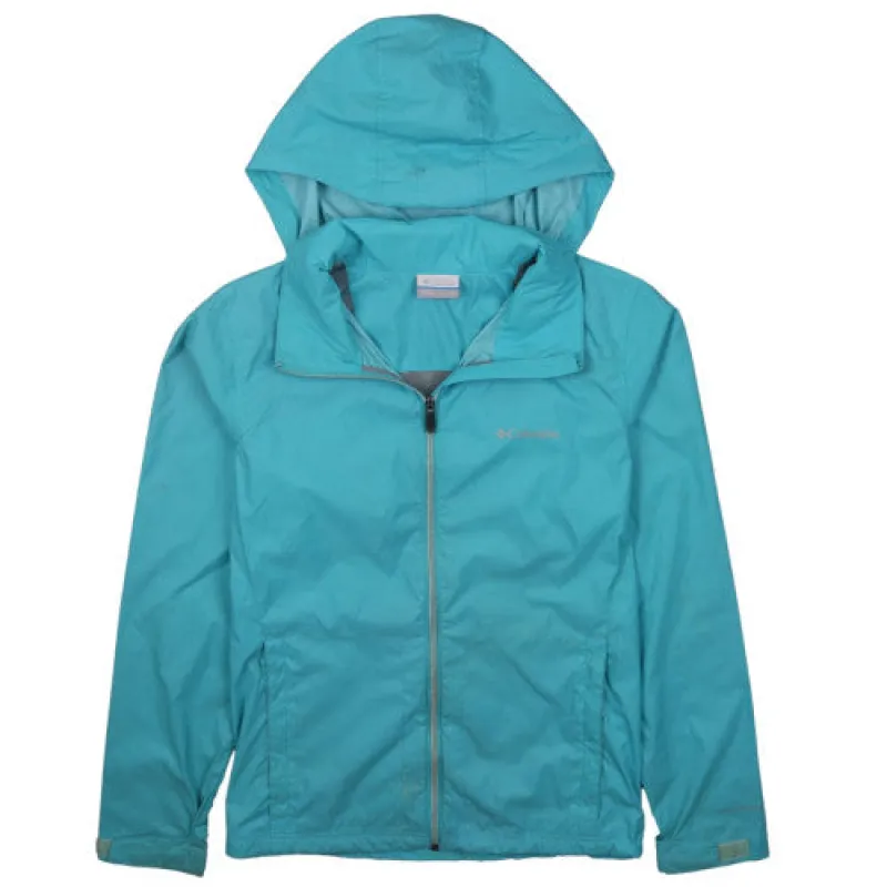 Columbia Women's Large Turquoise Hooded Zip Windbreaker Jacket 90s sold by Vintage Club