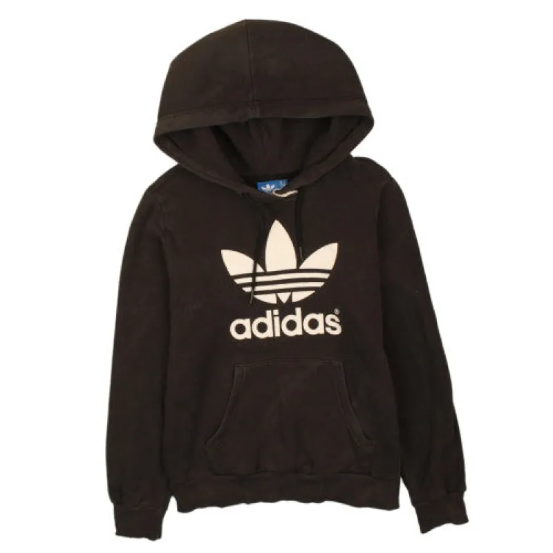 Adidas Black Hoodie Women’s Small Printed Trefoil Logo Front Pocket Pullover Sweatshirt made by Adidas