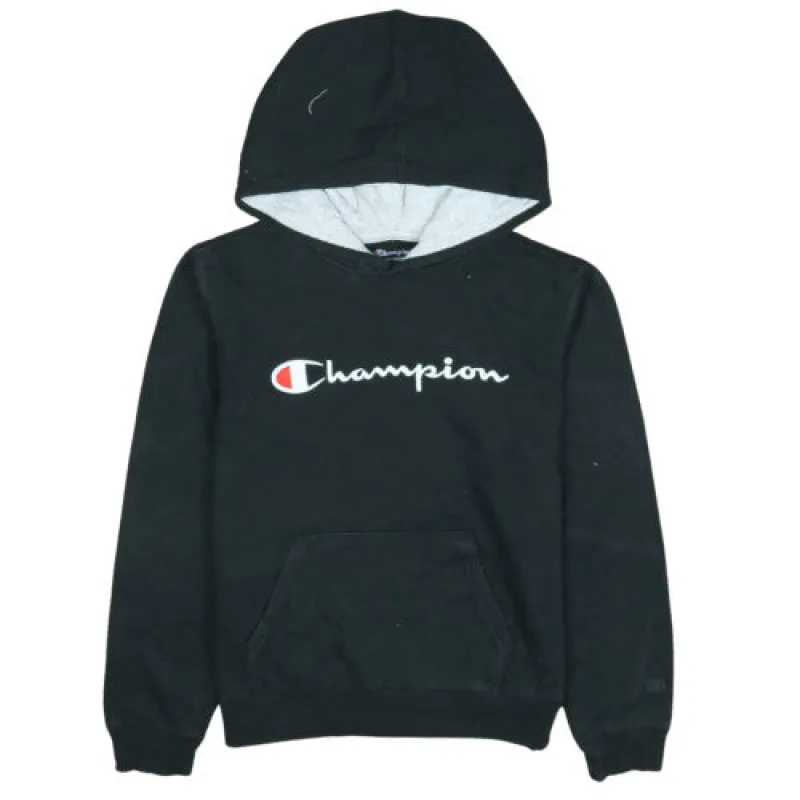 Champion Black Hoodie Women’s XLarge Embroidered Script Logo Front Pocket Fleece Pullover sold by Vintage Club