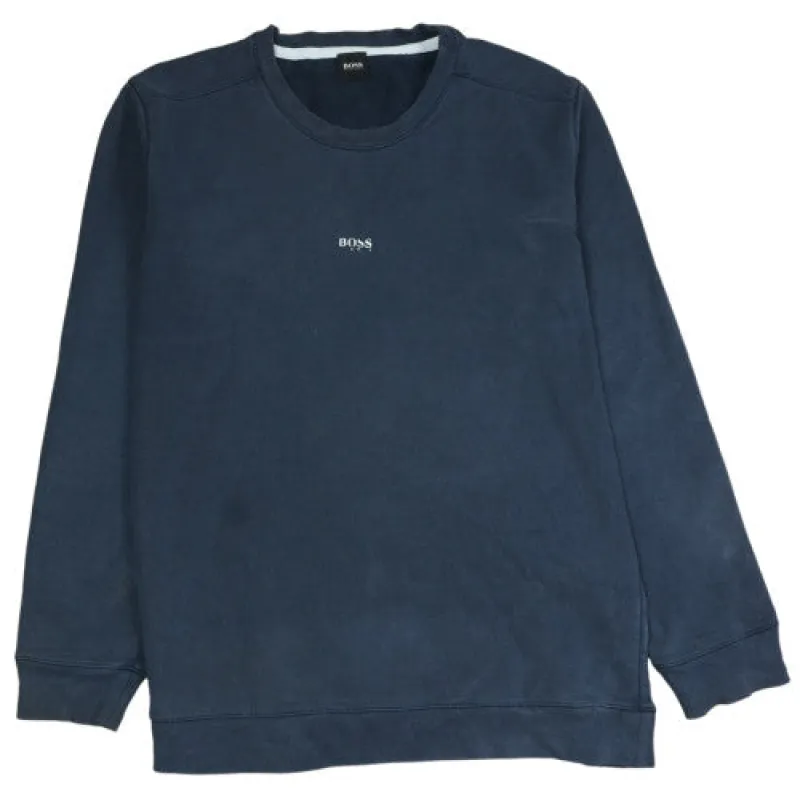 HUGO BOSS Navy Blue Sweatshirt Men's Medium Embroidered Chest Logo Crewneck Pullover Top sold by Vintage Club