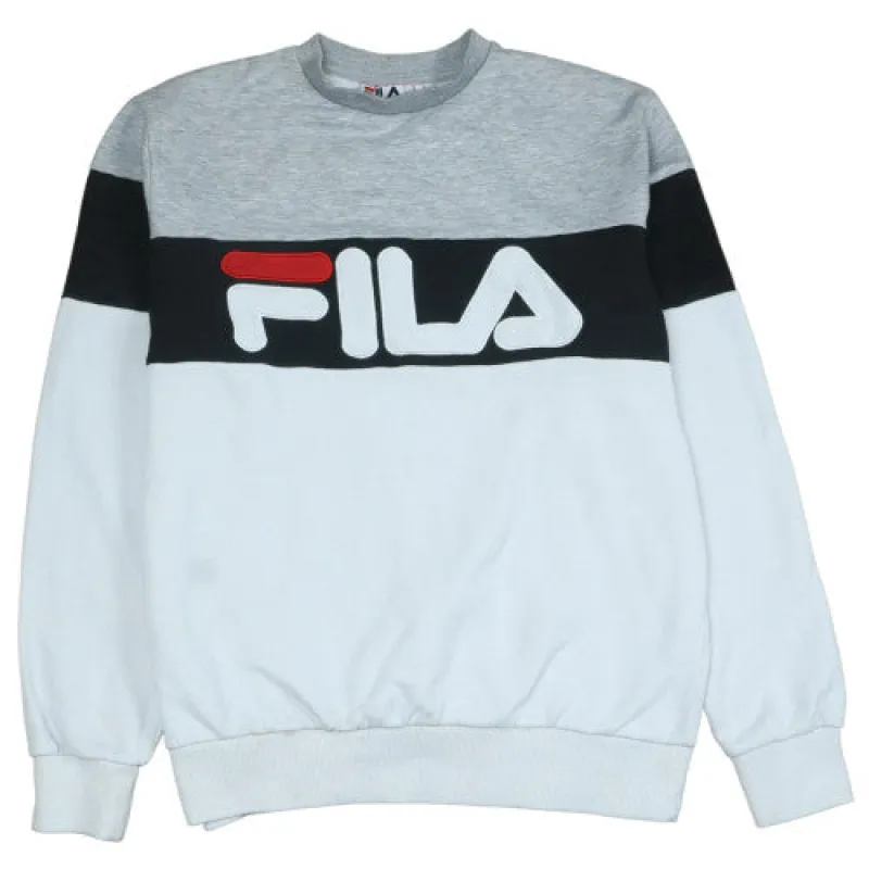 Fila Grey White Sweatshirt Men's Medium Big Logo Colour Block Crewneck Pullover Top sold by Vintage Club