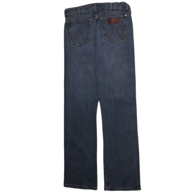 Wrangler Blue Denim Jeans Men's 33 Straight Leg Five Pocket Retro Embroidered Patch sold by Vintage Club