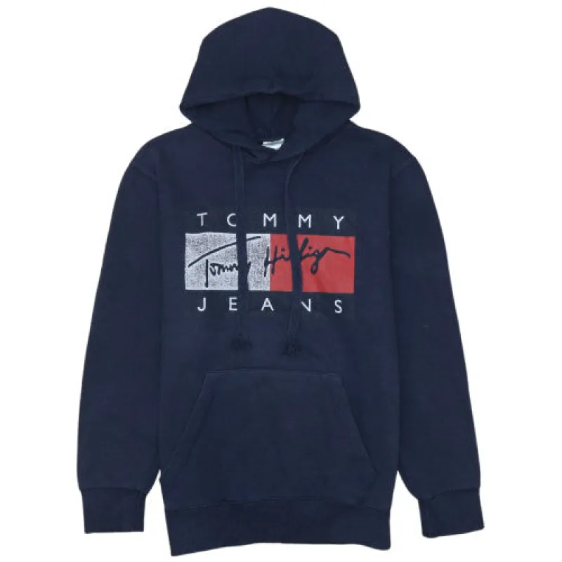 Tommy Hilfiger XS 90s Navy Blue Spellout Pullover Hoodie Men sold by Vintage Club