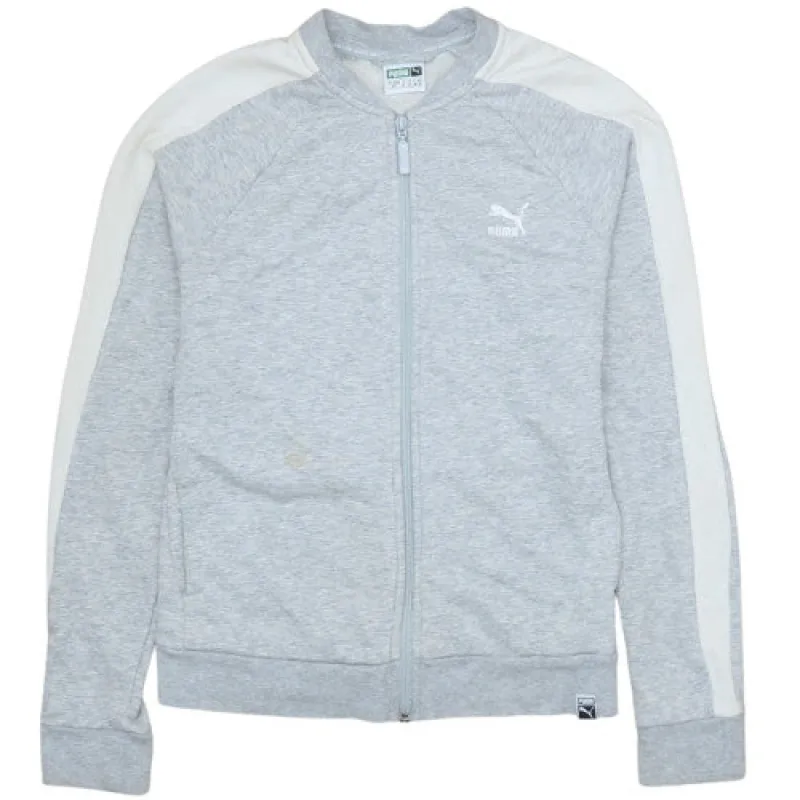 Puma Light Grey Track Jacket Women's Small Zip Front White Sleeve Stripes Embroidered Logo Outerwear made by Puma