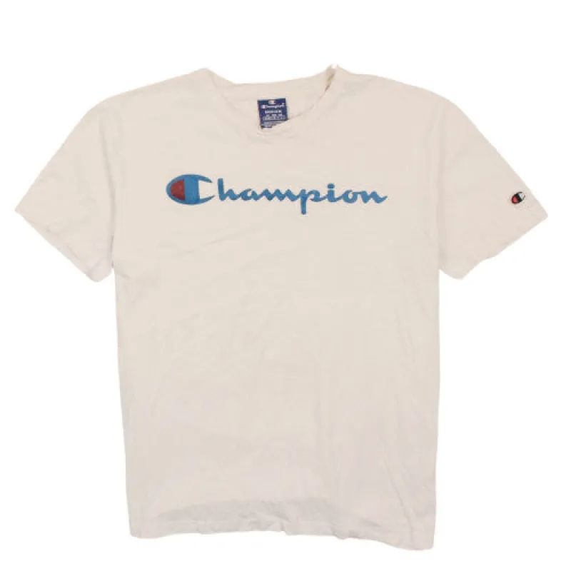 Champion Vintage 90s Logo T-Shirt Men's Medium Off White Cotton Tee sold by Vintage Club