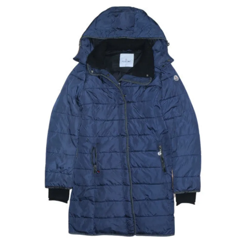 Moncler Navy Blue Puffer Jacket Women’s XLarge Hooded Zip Pockets Logo Sleeve Coat sold by Vintage Club