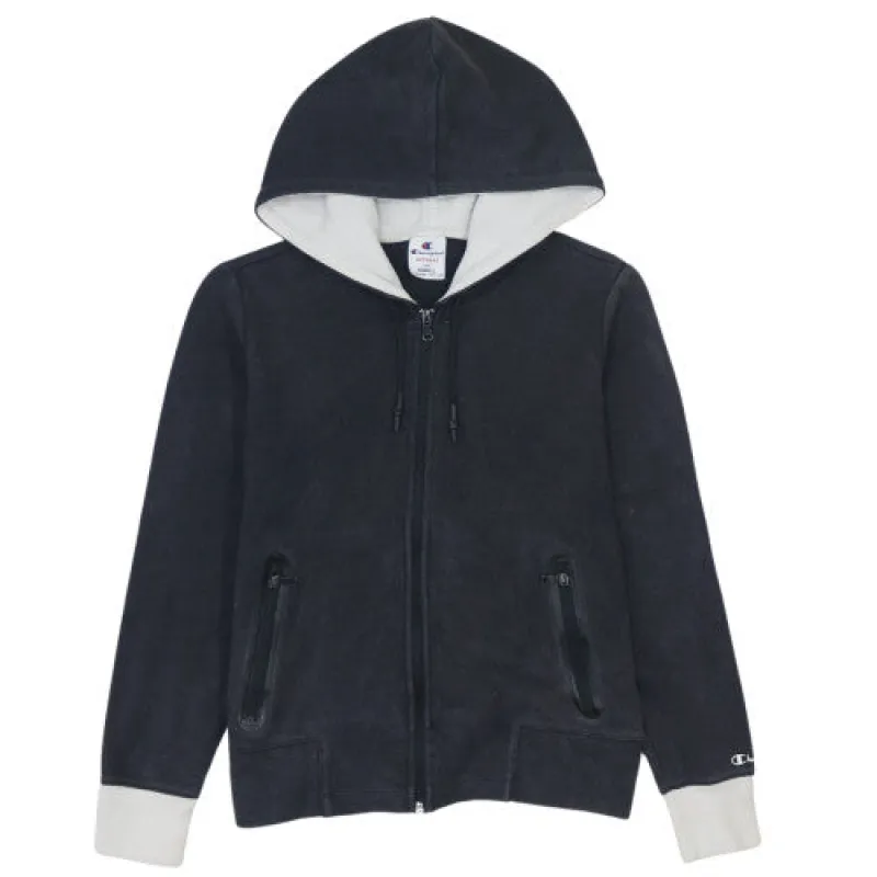 Champion Black Zip Hoodie Men's Small Contrast Cuffs Zip Pockets Small Logo Sweatshirt sold by Vintage Club