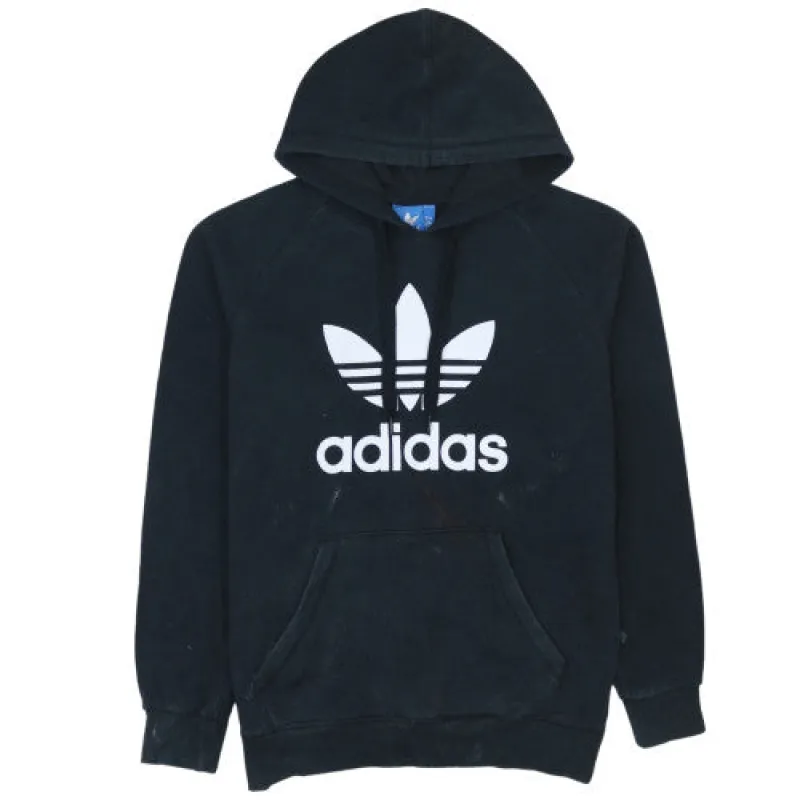 Adidas Black Hoodie Men's Large Big Trefoil Printed Logo Front Pocket Pullover Sweatshirt sold by Vintage Club