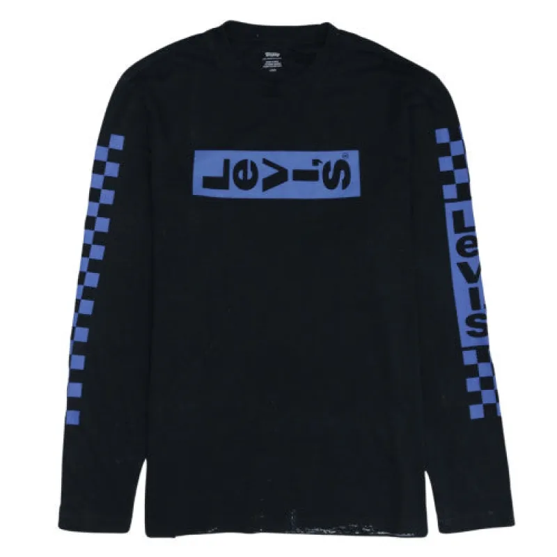 Levi's Black Long Sleeve T Shirt Men's Large Blue Logo Checker Sleeve Graphic Top sold by Vintage Club