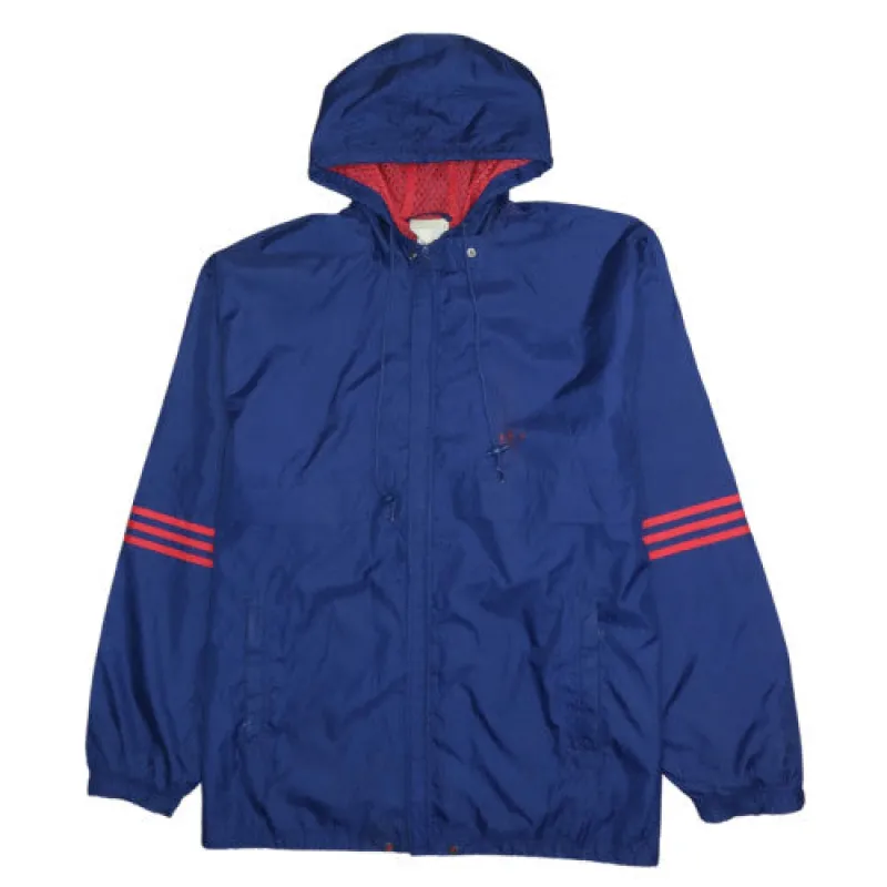Adidas Blue Hooded Jacket Men's XLarge Red Three Stripe Sleeves Zip Windbreaker made by Adidas