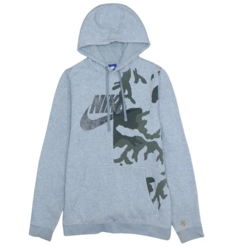 Nike Grey Hoodie Men's Small Printed Logo Camo Panel Kangaroo Pocket Pullover Sweatshirt made by Nike
