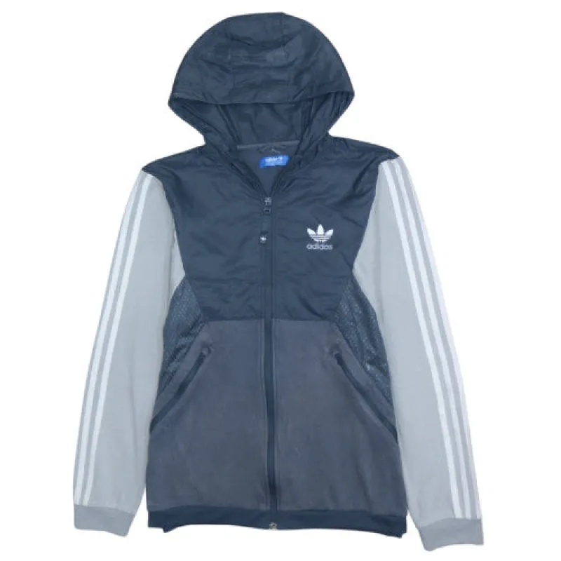 Adidas Navy Grey Hoodie Men's Medium Trefoil Embroidered Logo Three Stripe Zip Jacket sold by Vintage Club