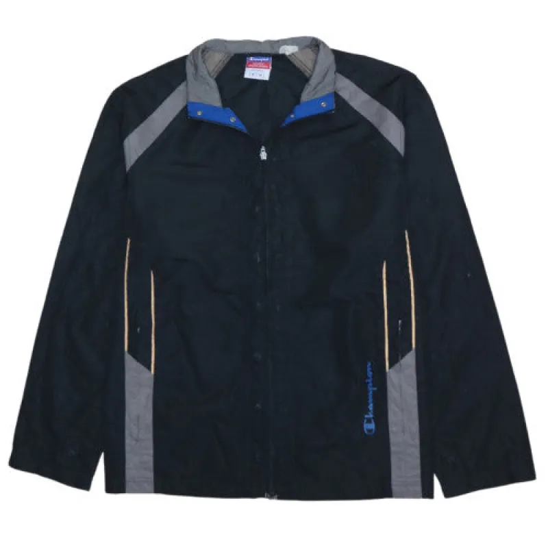 Champion Black Windbreaker Jacket Men's Medium Zip Pockets Colour Block Logo Track Top sold by Vintage Club