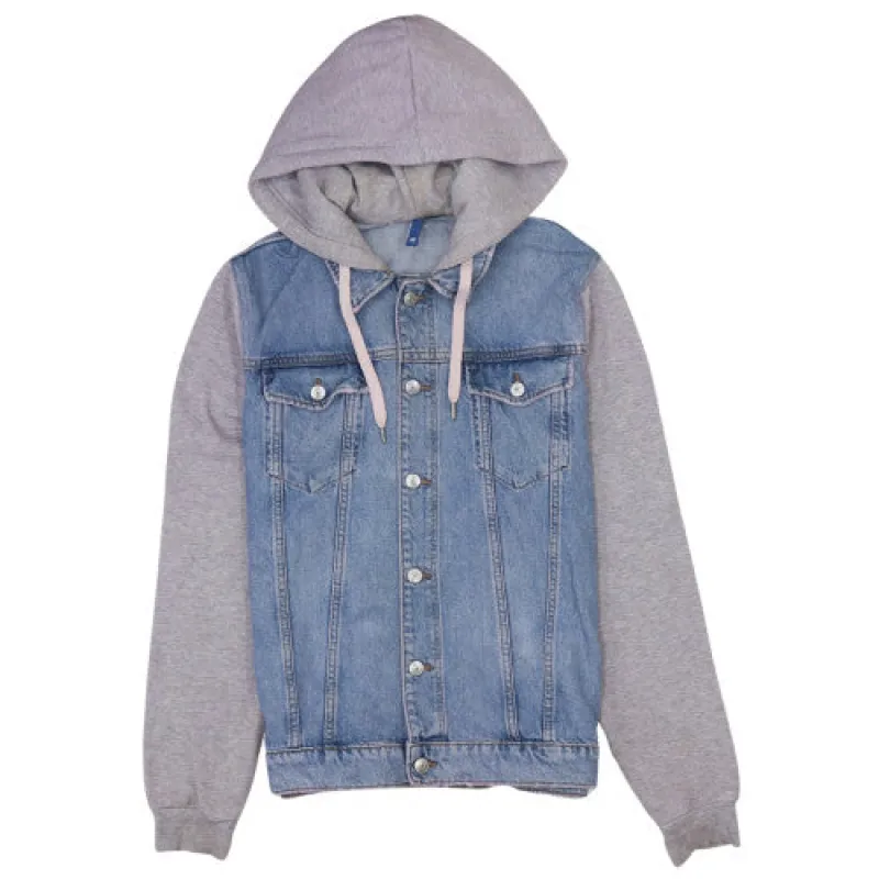 Retro Blue Denim Hoodie Men's Medium Grey Sleeves Button Front Casual Jacket Sweatshirt sold by Vintage Club
