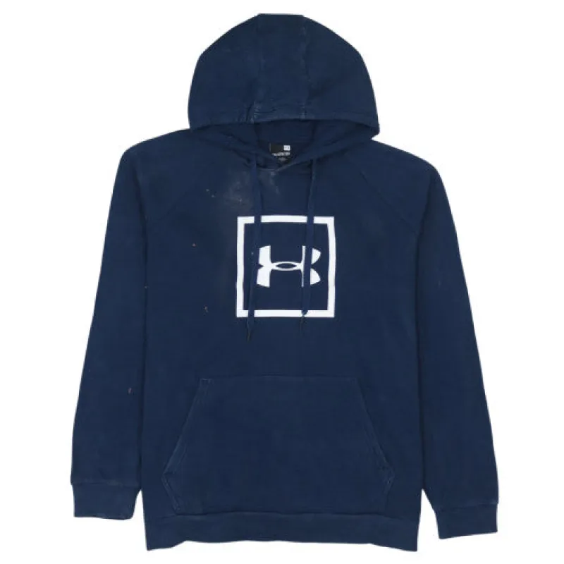 Under Armour Navy Blue Hoodie Men's 2XL Printed Box Logo Kangaroo Pocket Pullover Sweatshirt made by Under Armour