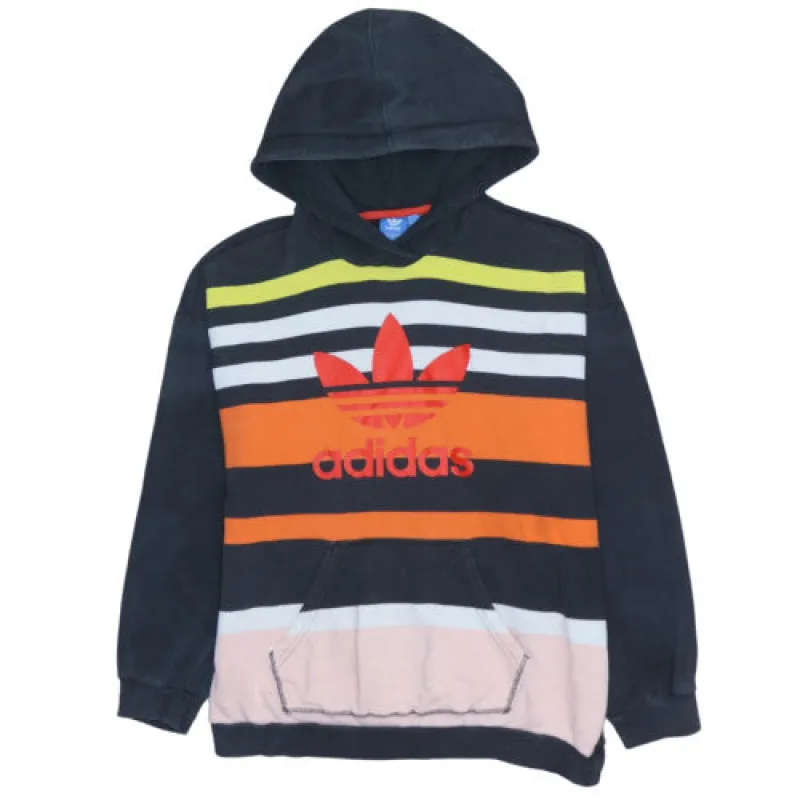 Adidas Black Multicolour Hoodie Women's Medium Trefoil Printed Logo Striped Kangaroo Pocket Sweatshirt sold by Vintage Club